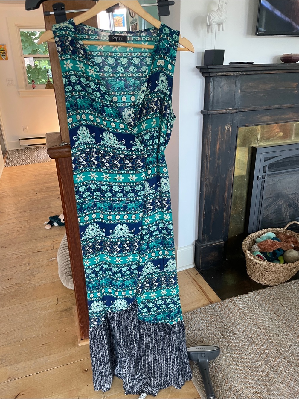 Papillon Blanc Teal & Navy Printed Maxi Skirt with Contrast Hem